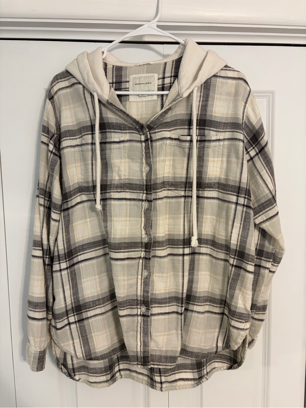 American Eagle Outfitters Plaid Hooded Button-Up Shirt- Cream & Gray, size small